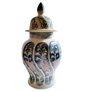 Vintage Chinoiserie Temple Jar White, Blue with Pink Lotus Flowers Porcelain Lid